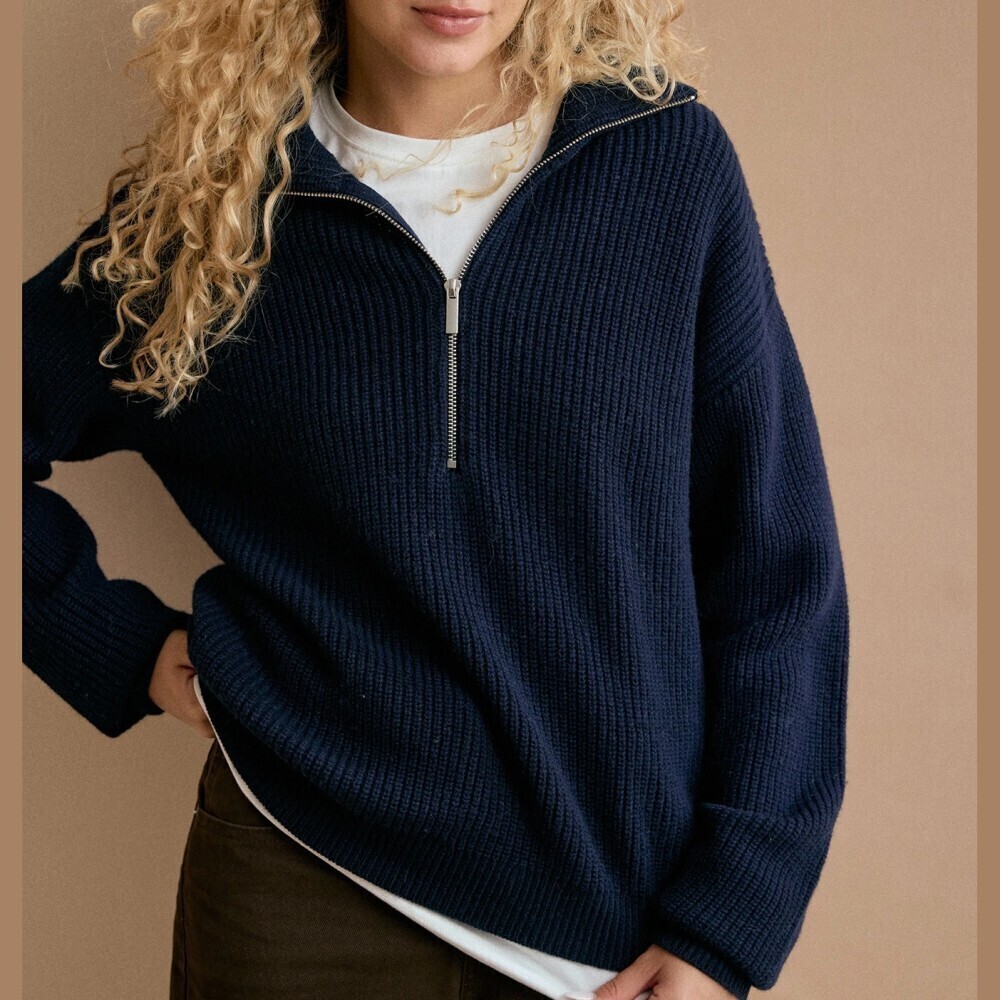 Navy Ribbed Wool Knit Half Zip Collared Long Sleeve Oversized Pullover